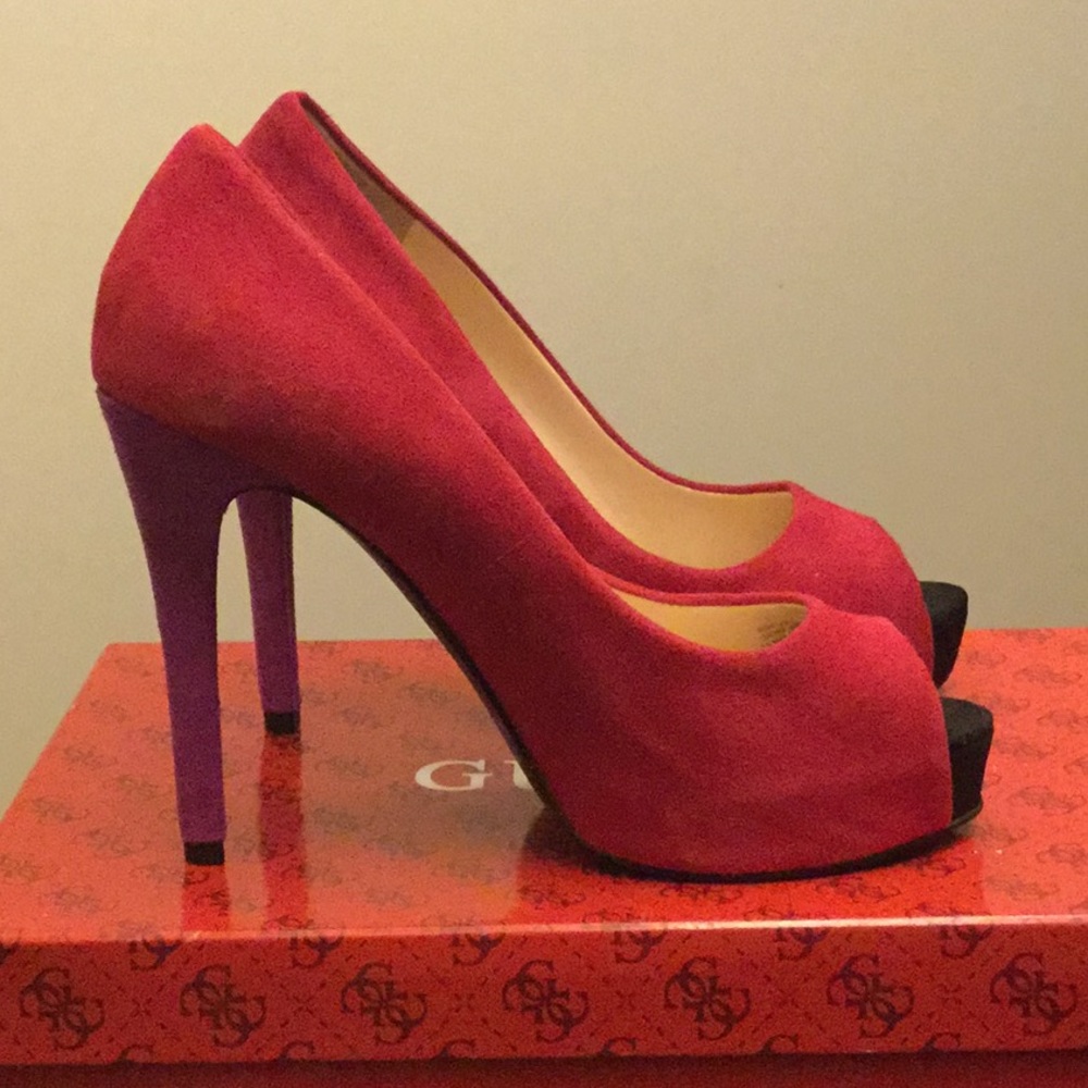 Never worn! Red suede shoe w/purple suede heel